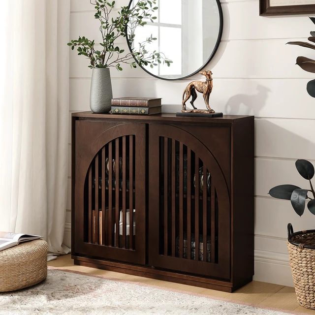Main image of Mid Century Modern Fluted Sideboard Cabinet with 2 Outlet Holes, Buffet Cabinet with Storage, Narrow Side Cabinet for Living Room Entryway Hallway Kitchen Coffee Bar, Dark Walnut
