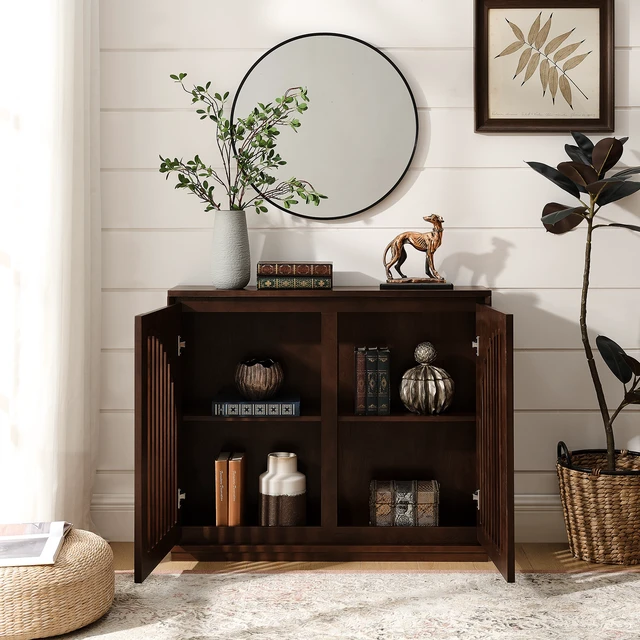 Alt view image 4 of 7 - Mid Century Modern Fluted Sideboard Cabinet with 2 Outlet Holes, Buffet Cabinet with Storage, Narrow Side Cabinet for Living Room Entryway Hallway Kitchen Coffee Bar, Dark Walnut