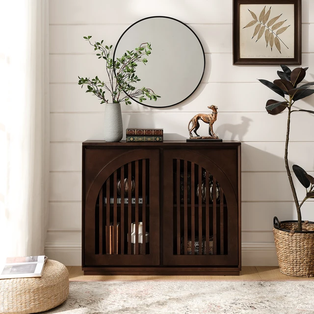 Alt view image 2 of 7 - Mid Century Modern Fluted Sideboard Cabinet with 2 Outlet Holes, Buffet Cabinet with Storage, Narrow Side Cabinet for Living Room Entryway Hallway Kitchen Coffee Bar, Dark Walnut