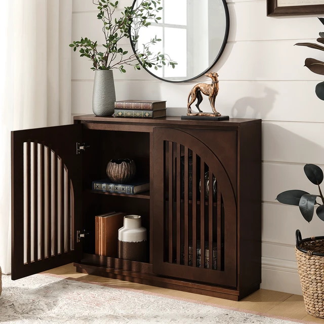 Alt view image 3 of 7 - Mid Century Modern Fluted Sideboard Cabinet with 2 Outlet Holes, Buffet Cabinet with Storage, Narrow Side Cabinet for Living Room Entryway Hallway Kitchen Coffee Bar, Dark Walnut