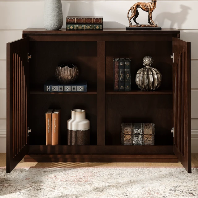 Alt view image 6 of 7 - Mid Century Modern Fluted Sideboard Cabinet with 2 Outlet Holes, Buffet Cabinet with Storage, Narrow Side Cabinet for Living Room Entryway Hallway Kitchen Coffee Bar, Dark Walnut