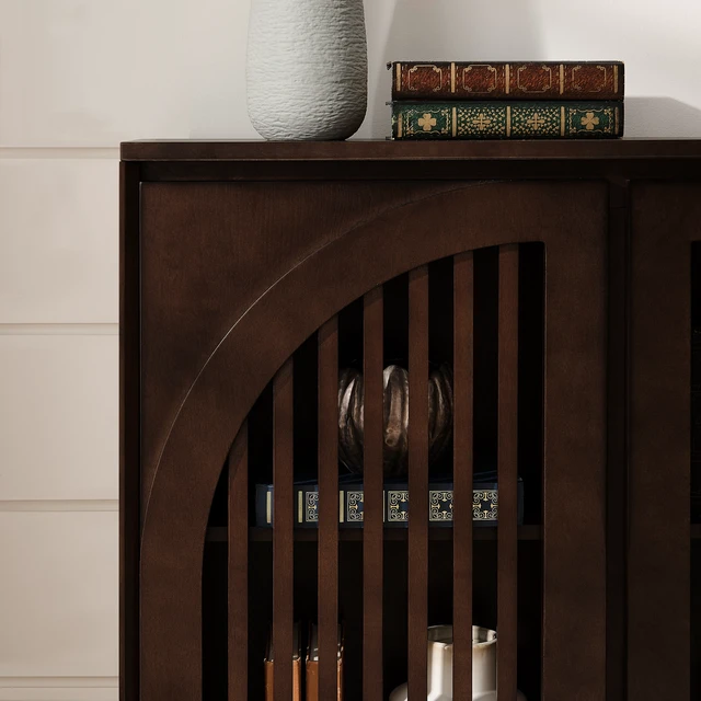 Alt view image 5 of 7 - Mid Century Modern Fluted Sideboard Cabinet with 2 Outlet Holes, Buffet Cabinet with Storage, Narrow Side Cabinet for Living Room Entryway Hallway Kitchen Coffee Bar, Dark Walnut