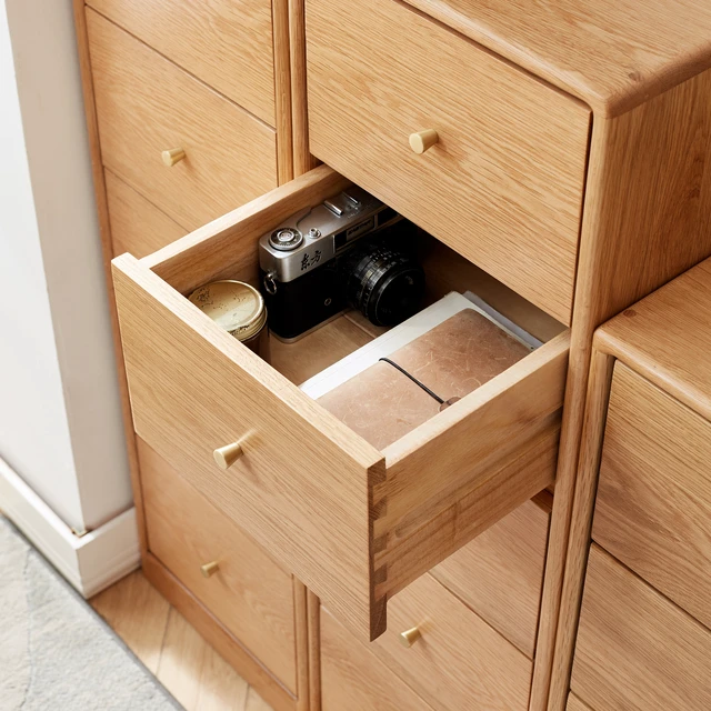 Alt view image 7 of 7 - Solid Oak Bedside Table Storage Cabinet for Living Room - Free-Standing Corner Cabinets Storage Table-Four Drawers