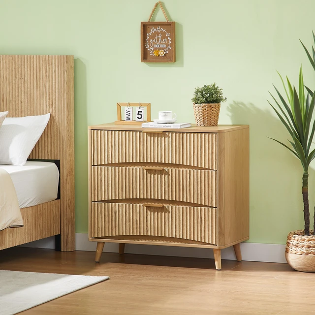 Main image of Fluted 3 Drawer Dresser Set of 2, Modern Tall Chest of Drawers with Vertical Grooved Design, Wood Storage Cabinet with Metal Handles for Bedroom Living Room, Oak. (31.5"W x 15"D x 30"H).