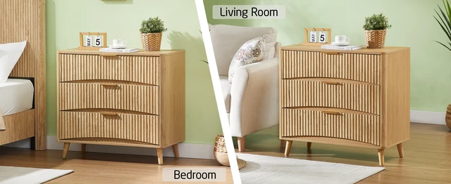 Alt view image 2 of 4 - Fluted 3 Drawer Dresser Set of 2, Modern Tall Chest of Drawers with Vertical Grooved Design, Wood Storage Cabinet with Metal Handles for Bedroom Living Room, Oak. (31.5"W x 15"D x 30"H).