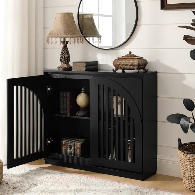 Alt view image 2 of 7 - Mid Century Modern Fluted Sideboard Cabinet with 2 Outlet Holes, Buffet Cabinet with Storage, Narrow Side Cabinet for Living Room Entryway Hallway Kitchen Coffee Bar, Black