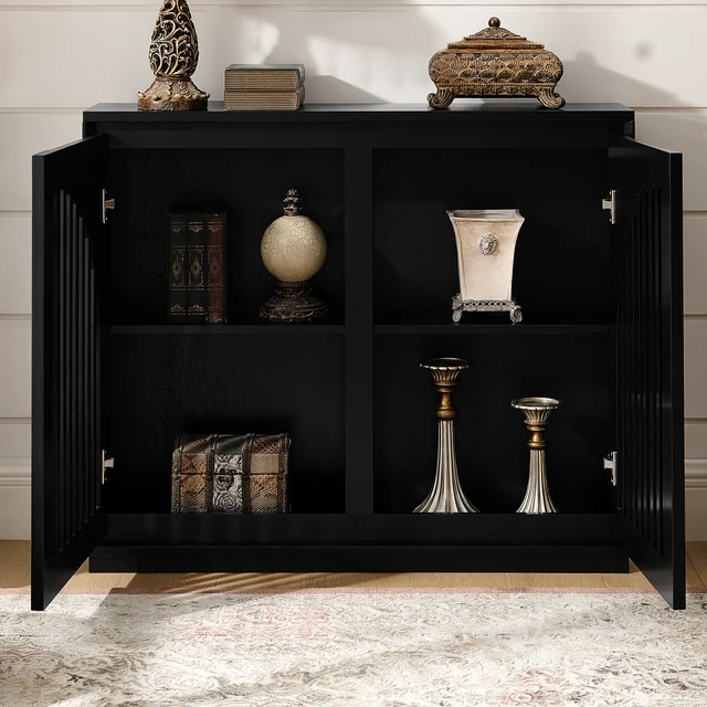 Alt view image 6 of 7 - Mid Century Modern Fluted Sideboard Cabinet with 2 Outlet Holes, Buffet Cabinet with Storage, Narrow Side Cabinet for Living Room Entryway Hallway Kitchen Coffee Bar, Black
