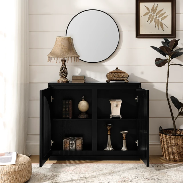Alt view image 3 of 7 - Mid Century Modern Fluted Sideboard Cabinet with 2 Outlet Holes, Buffet Cabinet with Storage, Narrow Side Cabinet for Living Room Entryway Hallway Kitchen Coffee Bar, Black