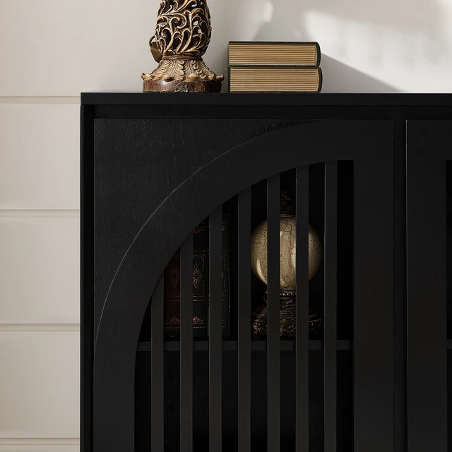 Alt view image 5 of 7 - Mid Century Modern Fluted Sideboard Cabinet with 2 Outlet Holes, Buffet Cabinet with Storage, Narrow Side Cabinet for Living Room Entryway Hallway Kitchen Coffee Bar, Black