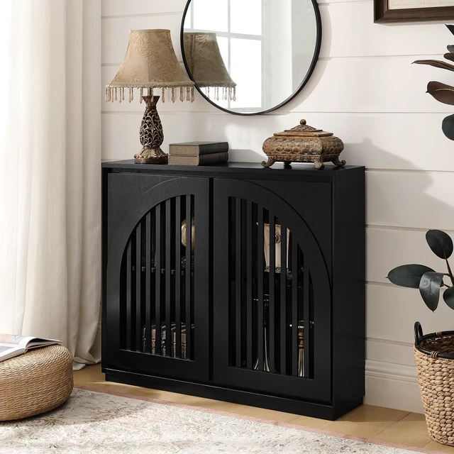 Main image of Mid Century Modern Fluted Sideboard Cabinet with 2 Outlet Holes, Buffet Cabinet with Storage, Narrow Side Cabinet for Living Room Entryway Hallway Kitchen Coffee Bar, Black