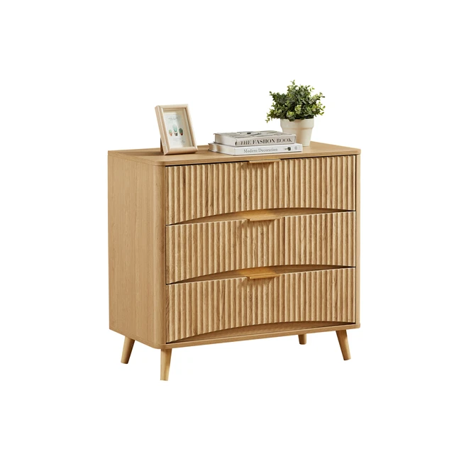 Alt view image 3 of 4 - Fluted 3 Drawer Dresser Set of 2, Modern Tall Chest of Drawers with Vertical Grooved Design, Wood Storage Cabinet with Metal Handles for Bedroom Living Room, Oak. (31.5"W x 15"D x 30"H).
