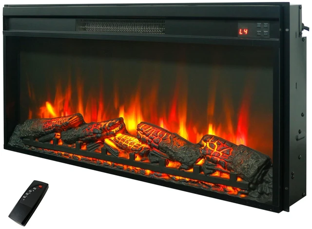 Main image of 36 inch electric fireplace insert, ultra thin heater with log set & realistic flame, remote control with timer, overheating protection