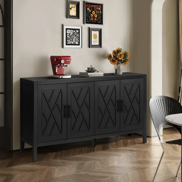 Main image of 60 inches Modern Farmhouse Accent Cabinet with 4 Doors and Adjustable Shelf Wood Sideboard Buffet Cabinet Console Table Credenza Buffet Table for Kitchen Dining Room Entryway Hallway(Antique Black)