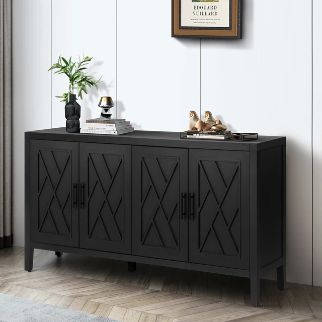 Alt view image 3 of 7 - 60 inches Modern Farmhouse Accent Cabinet with 4 Doors and Adjustable Shelf Wood Sideboard Buffet Cabinet Console Table Credenza Buffet Table for Kitchen Dining Room Entryway Hallway(Antique Black)