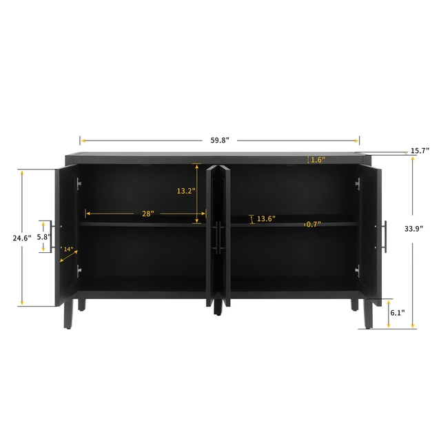 Alt view image 4 of 7 - 60 inches Modern Farmhouse Accent Cabinet with 4 Doors and Adjustable Shelf Wood Sideboard Buffet Cabinet Console Table Credenza Buffet Table for Kitchen Dining Room Entryway Hallway(Antique Black)