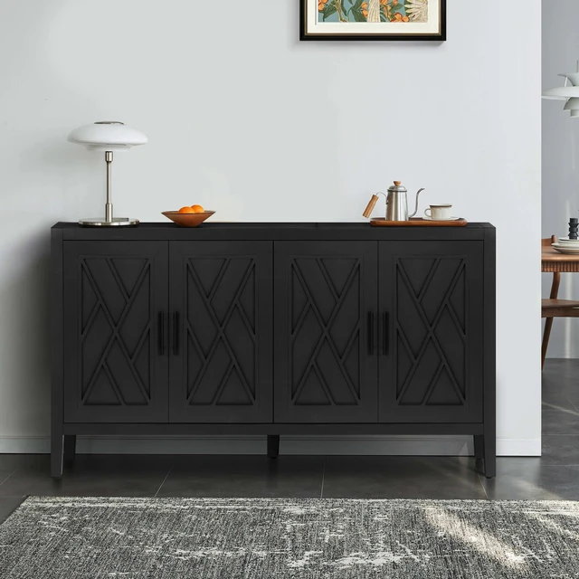 Alt view image 2 of 7 - 60 inches Modern Farmhouse Accent Cabinet with 4 Doors and Adjustable Shelf Wood Sideboard Buffet Cabinet Console Table Credenza Buffet Table for Kitchen Dining Room Entryway Hallway(Antique Black)