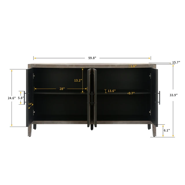 Alt view image 4 of 7 - 60 inches Modern Farmhouse Accent Cabinet with 4 Doors and Adjustable Shelf Wood Sideboard Buffet Cabinet Console Table Credenza Buffet Table for Kitchen Dining Room Entryway Hallway(Antique Brown)