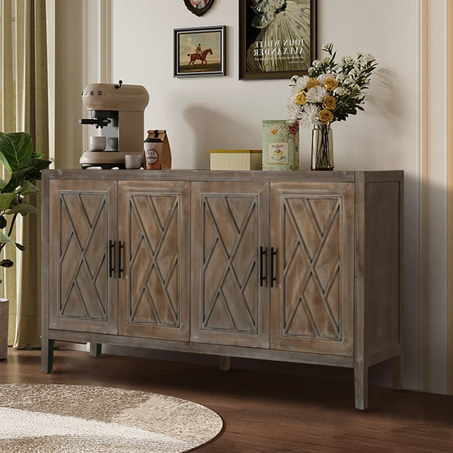 Main image of 60 inches Modern Farmhouse Accent Cabinet with 4 Doors and Adjustable Shelf Wood Sideboard Buffet Cabinet Console Table Credenza Buffet Table for Kitchen Dining Room Entryway Hallway(Antique Brown)