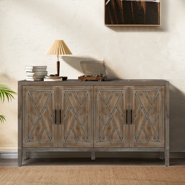 Alt view image 3 of 7 - 60 inches Modern Farmhouse Accent Cabinet with 4 Doors and Adjustable Shelf Wood Sideboard Buffet Cabinet Console Table Credenza Buffet Table for Kitchen Dining Room Entryway Hallway(Antique Brown)