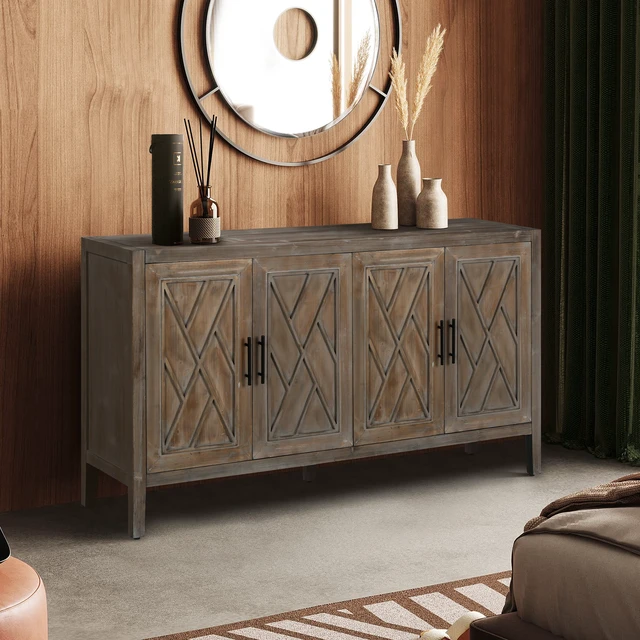Alt view image 2 of 7 - 60 inches Modern Farmhouse Accent Cabinet with 4 Doors and Adjustable Shelf Wood Sideboard Buffet Cabinet Console Table Credenza Buffet Table for Kitchen Dining Room Entryway Hallway(Antique Brown)