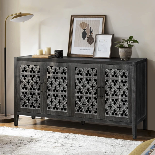 Alt view image 2 of 7 - Hollow Four Door Antique Cabinet, American Country Style, Suitable for Living Room, TV Cabinet, Kitchen (Antique Black)