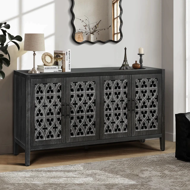 Alt view image 3 of 7 - Hollow Four Door Antique Cabinet, American Country Style, Suitable for Living Room, TV Cabinet, Kitchen (Antique Black)