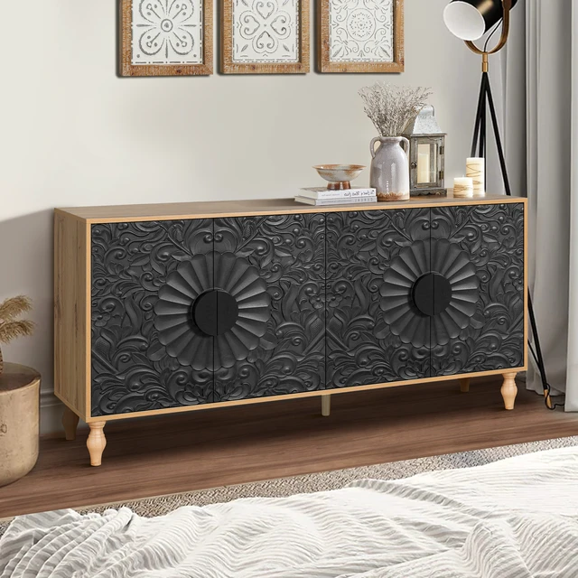 Alt view image 4 of 7 - Black Carved Symmetrical Design Door And Wood Coloured Frame For TV Stand Table,Living Room ,Entryway