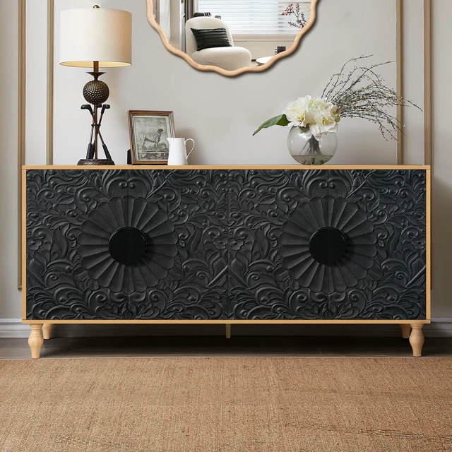 Alt view image 3 of 7 - Black Carved Symmetrical Design Door And Wood Coloured Frame For TV Stand Table,Living Room ,Entryway