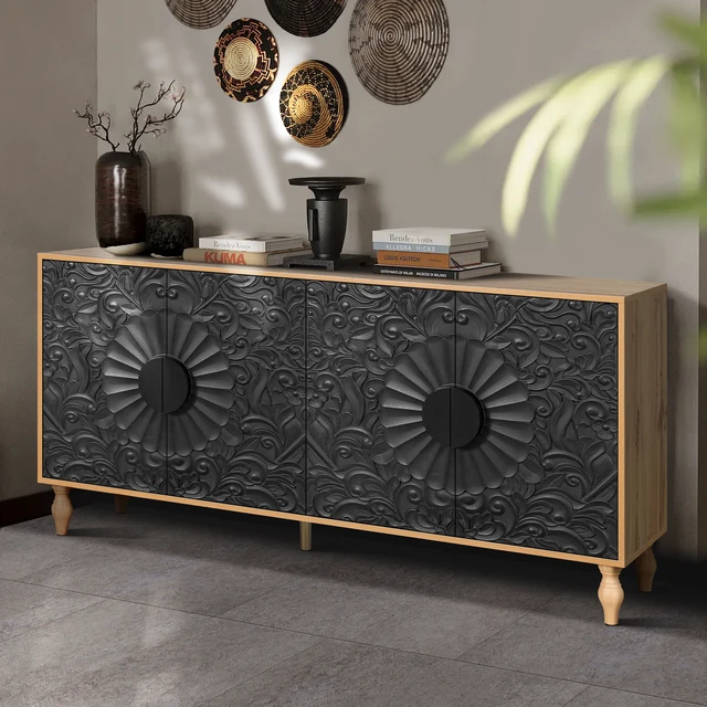 Alt view image 2 of 7 - Black Carved Symmetrical Design Door And Wood Coloured Frame For TV Stand Table,Living Room ,Entryway