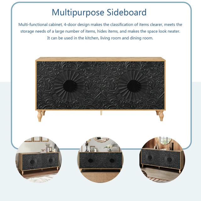 Alt view image 7 of 7 - Black Carved Symmetrical Design Door And Wood Coloured Frame For TV Stand Table,Living Room ,Entryway
