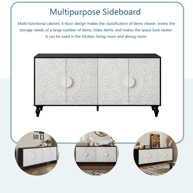 Alt view image 6 of 7 - Vintage White Large Faceted Carved And Spliced Doors Combined With Black Frames For TV Stand Table,Sideboards, Accent Cabinets