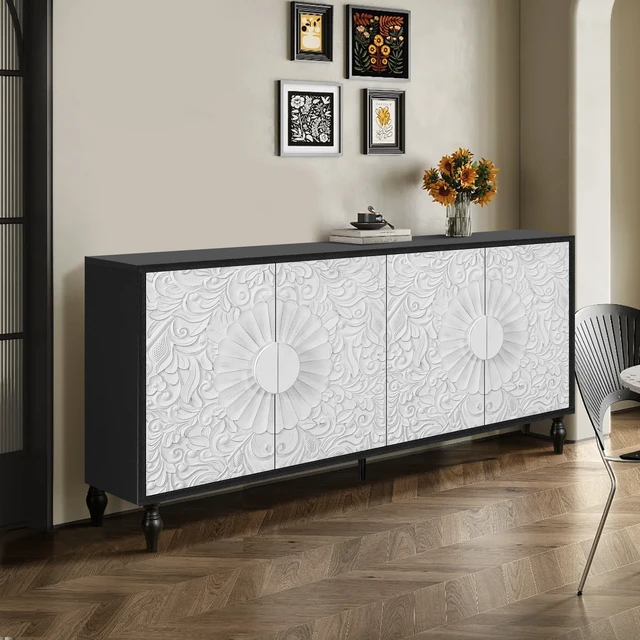 Alt view image 2 of 7 - Vintage White Large Faceted Carved And Spliced Doors Combined With Black Frames For TV Stand Table,Sideboards, Accent Cabinets