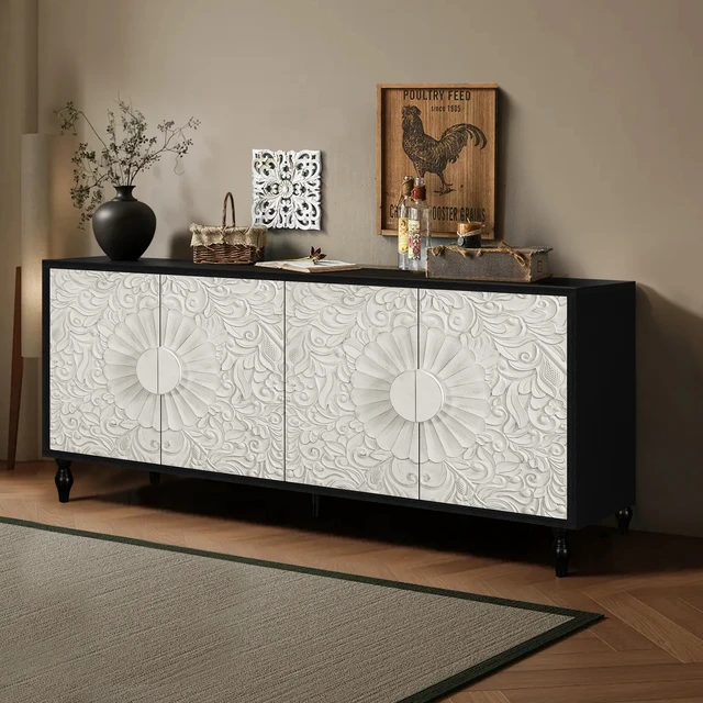 Alt view image 3 of 7 - Vintage White Large Faceted Carved And Spliced Doors Combined With Black Frames For TV Stand Table,Sideboards, Accent Cabinets
