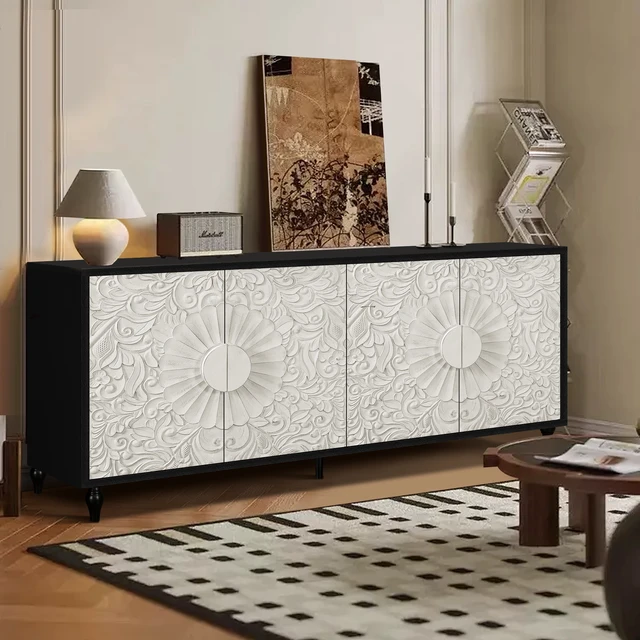 Alt view image 5 of 7 - Vintage White Large Faceted Carved And Spliced Doors Combined With Black Frames For TV Stand Table,Sideboards, Accent Cabinets