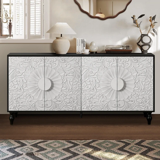 Main image of Vintage White Large Faceted Carved And Spliced Doors Combined With Black Frames For TV Stand Table,Sideboards, Accent Cabinets