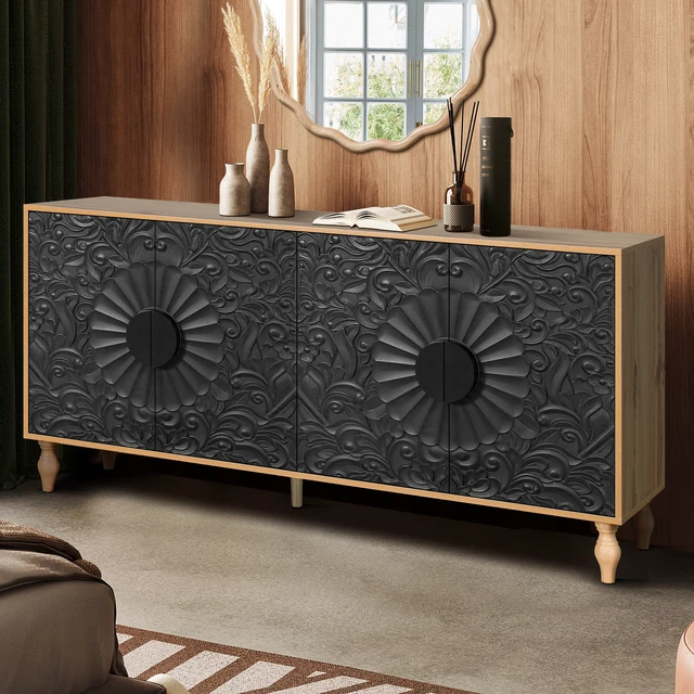 Alt view image 5 of 7 - Black Carved Symmetrical Design Door And Wood Coloured Frame For TV Stand Table,Living Room ,Entryway