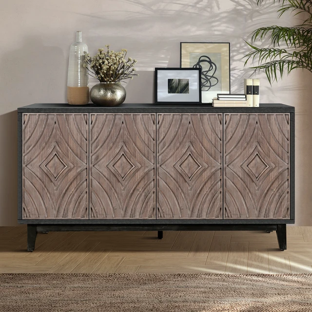 Alt view image 4 of 7 - Mid Century Sideboard Buffet Cabinet with Solid Wood Legs 60" Kitchen Storage Cabinet Credenza with 4 Convex pattern diamond Doors and 2 Shelves Accent Console Table for Living Room Entrance Hall etc