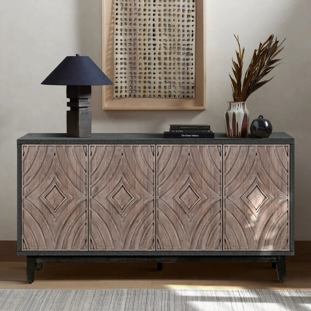 Alt view image 3 of 7 - Mid Century Sideboard Buffet Cabinet with Solid Wood Legs 60" Kitchen Storage Cabinet Credenza with 4 Convex pattern diamond Doors and 2 Shelves Accent Console Table for Living Room Entrance Hall etc