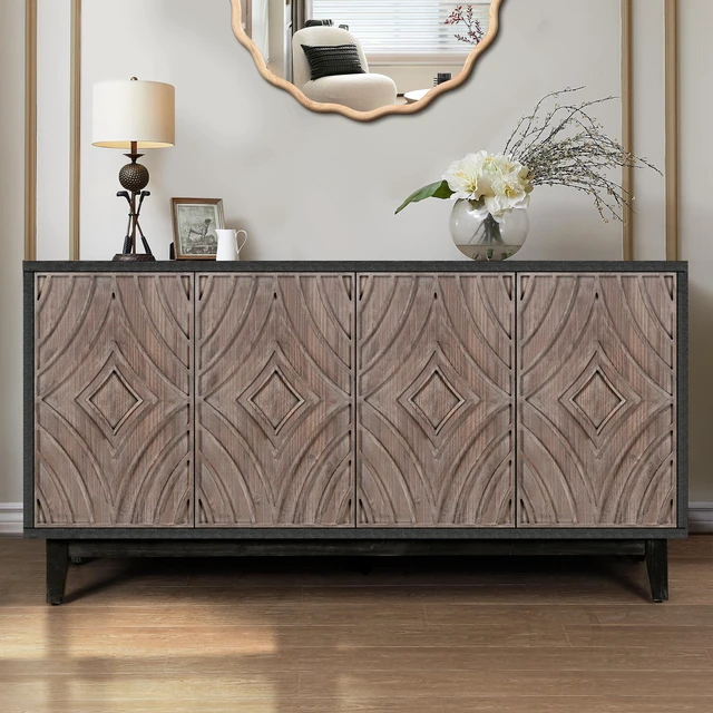 Main image of Mid Century Sideboard Buffet Cabinet with Solid Wood Legs 60" Kitchen Storage Cabinet Credenza with 4 Convex pattern diamond Doors and 2 Shelves Accent Console Table for Living Room Entrance Hall etc
