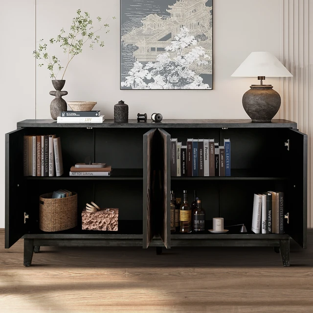 Alt view image 2 of 7 - Mid Century Sideboard Buffet Cabinet with Solid Wood Legs 60" Kitchen Storage Cabinet Credenza with 4 Convex pattern diamond Doors and 2 Shelves Accent Console Table for Living Room Entrance Hall etc
