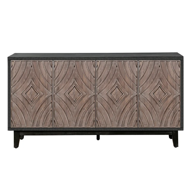 Alt view image 5 of 7 - Mid Century Sideboard Buffet Cabinet with Solid Wood Legs 60" Kitchen Storage Cabinet Credenza with 4 Convex pattern diamond Doors and 2 Shelves Accent Console Table for Living Room Entrance Hall etc