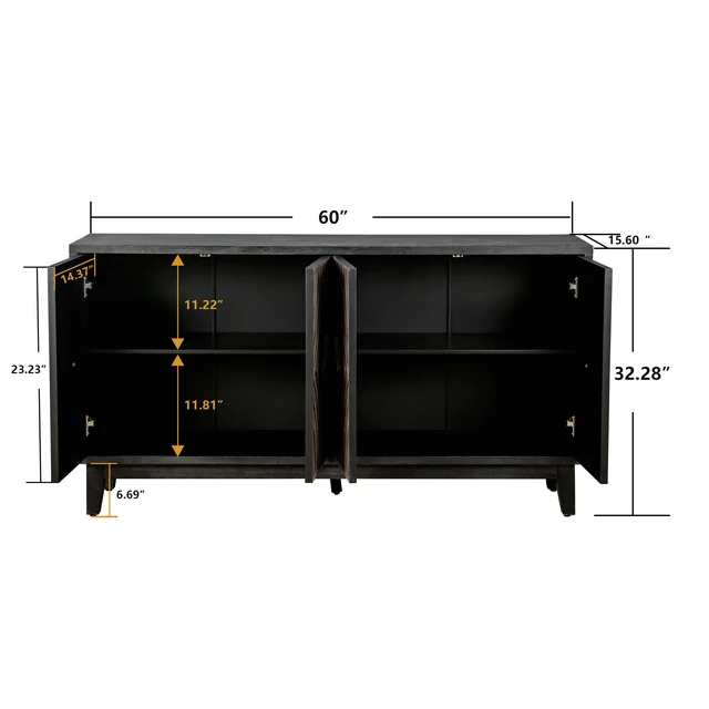 Alt view image 6 of 7 - Mid Century Sideboard Buffet Cabinet with Solid Wood Legs 60" Kitchen Storage Cabinet Credenza with 4 Convex pattern diamond Doors and 2 Shelves Accent Console Table for Living Room Entrance Hall etc