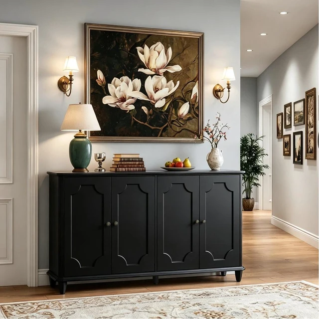 Main image of Black Farmhouse Sideboard Buffet Cabinet, 4 Door Vintage Storage Credenza with Decorative Curved Raised Panel Doors, Wide Closed Storage Accent Console Cabinet for Entryway, Living Room, Kitchen