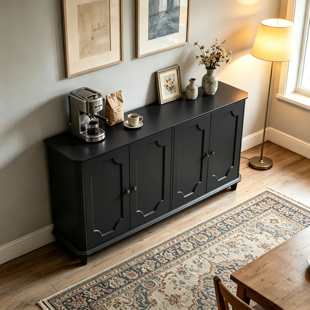 Alt view image 2 of 7 - Black Farmhouse Sideboard Buffet Cabinet, 4 Door Vintage Storage Credenza with Decorative Curved Raised Panel Doors, Wide Closed Storage Accent Console Cabinet for Entryway, Living Room, Kitchen