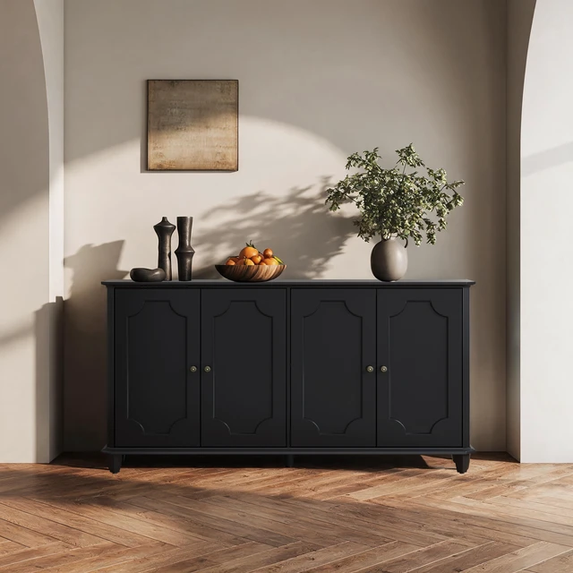 Alt view image 3 of 7 - Black Farmhouse Sideboard Buffet Cabinet, 4 Door Vintage Storage Credenza with Decorative Curved Raised Panel Doors, Wide Closed Storage Accent Console Cabinet for Entryway, Living Room, Kitchen