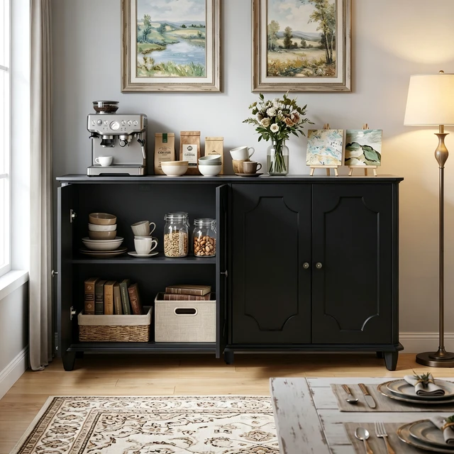 Alt view image 5 of 7 - Black Farmhouse Sideboard Buffet Cabinet, 4 Door Vintage Storage Credenza with Decorative Curved Raised Panel Doors, Wide Closed Storage Accent Console Cabinet for Entryway, Living Room, Kitchen
