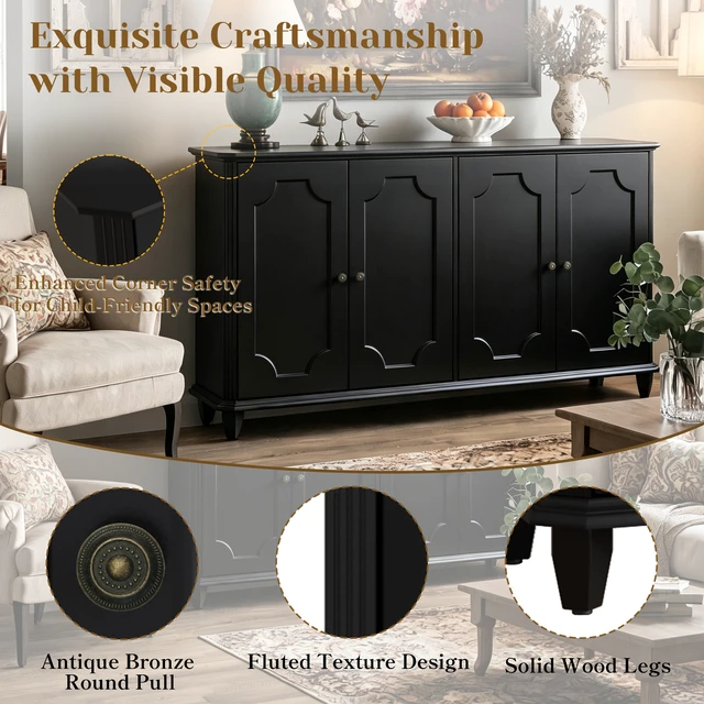 Alt view image 6 of 7 - Black Farmhouse Sideboard Buffet Cabinet, 4 Door Vintage Storage Credenza with Decorative Curved Raised Panel Doors, Wide Closed Storage Accent Console Cabinet for Entryway, Living Room, Kitchen