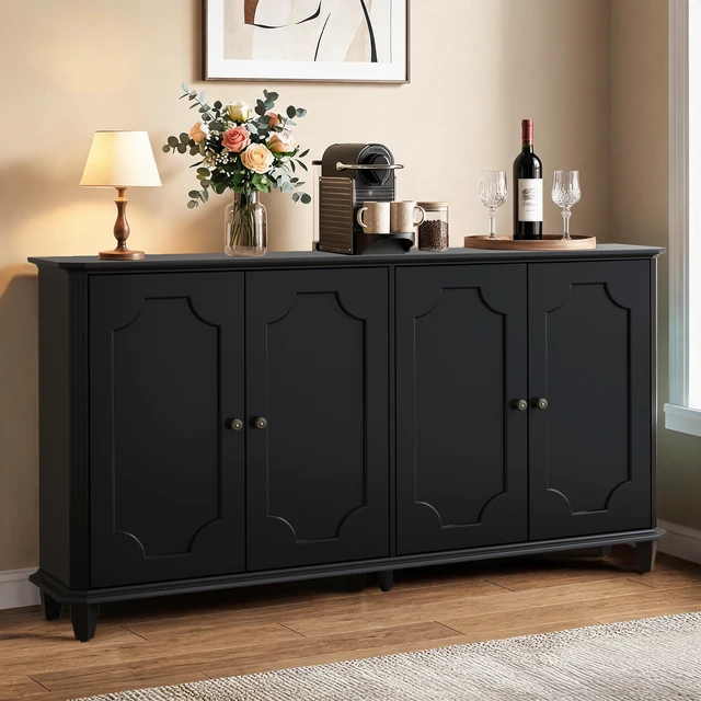Alt view image 4 of 7 - Black Farmhouse Sideboard Buffet Cabinet, 4 Door Vintage Storage Credenza with Decorative Curved Raised Panel Doors, Wide Closed Storage Accent Console Cabinet for Entryway, Living Room, Kitchen