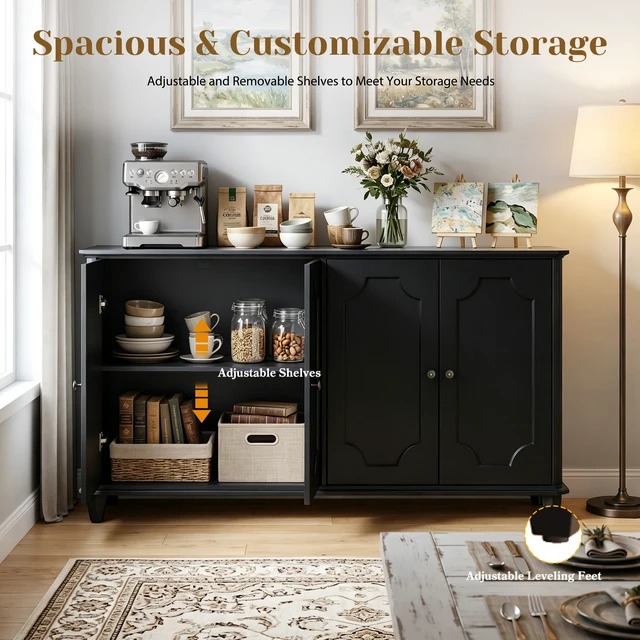 Alt view image 7 of 7 - Black Farmhouse Sideboard Buffet Cabinet, 4 Door Vintage Storage Credenza with Decorative Curved Raised Panel Doors, Wide Closed Storage Accent Console Cabinet for Entryway, Living Room, Kitchen