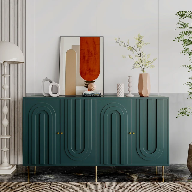 Alt view image 2 of 7 - Modern Green Lacquered 4 Door Wooden Cabinet Sideboard Buffet Server Cabinet Storage Cabinet, for Living Room, Entryway, Hallway, Office, Kitchen and Dining Room